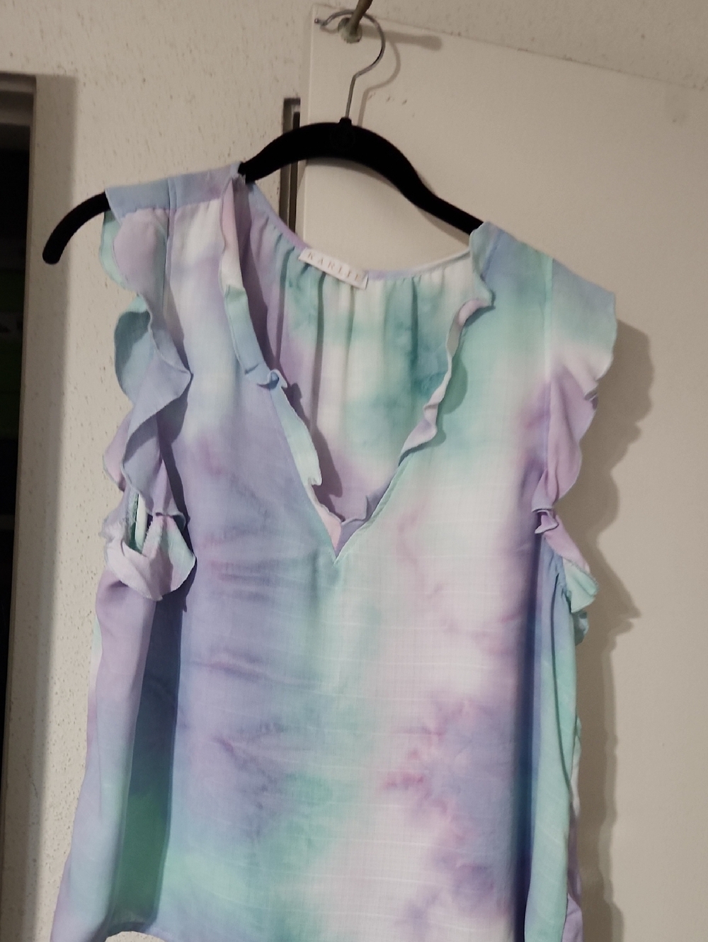 Karlie Pastel Tie-Dye Ruffle V-Neck Top - Mint, Lavender, Pale Blue